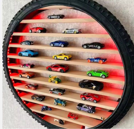 Stylish Wooden Tire Wall Rack Display for Toys, Cars & Collectibles