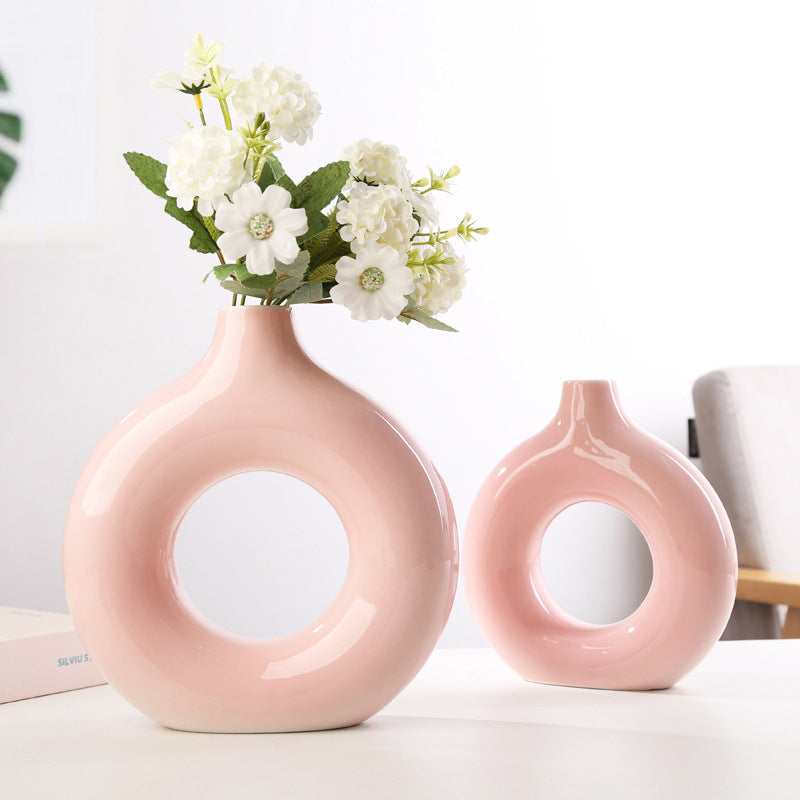 Unique White Ceramic Donut Urn – Handmade Vase for Nordic Home Decor